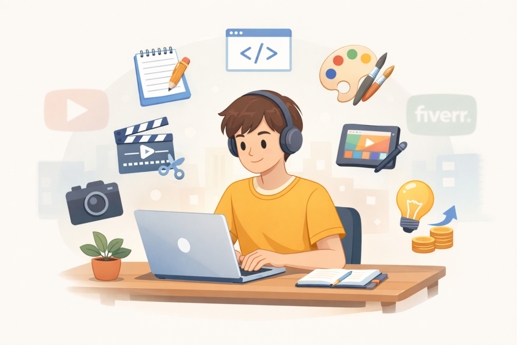 Freelancer at a laptop developing skills to earn money online, with digital icons symbolizing different online work paths.