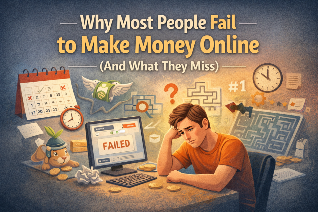 why most people fail to make money online illustration showing frustration, confusion, and common beginner mistakes