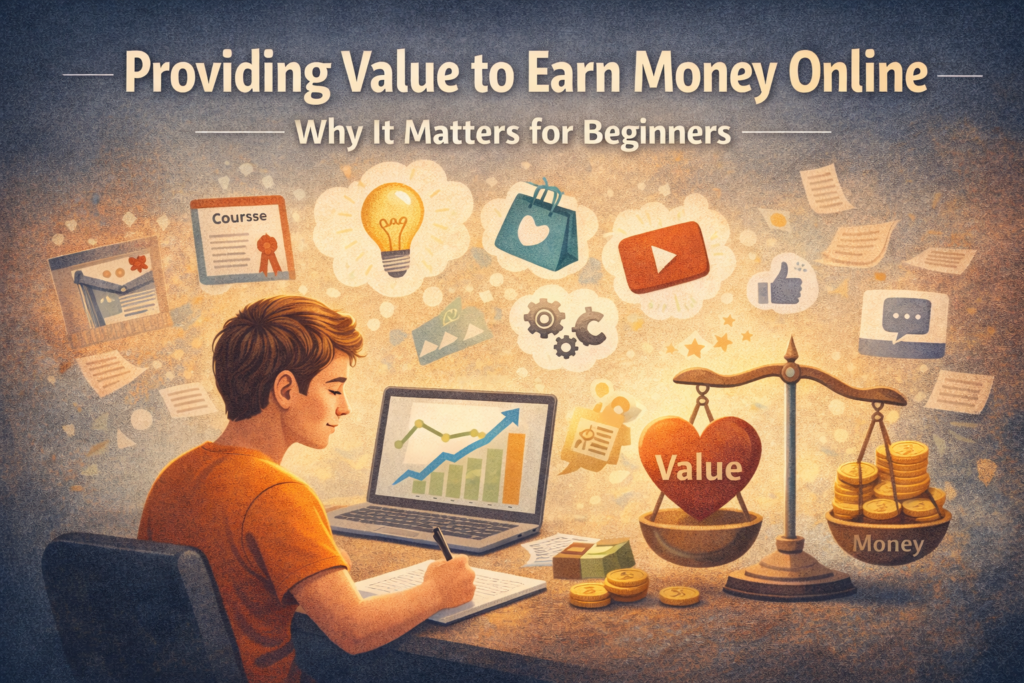 providing value to earn money online illustration showing content, skills, and balance between usefulness and money