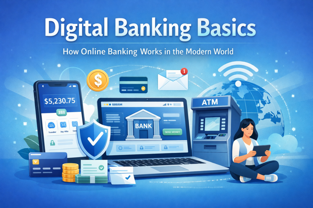 Flat illustration of online banking showing a smartphone app, laptop with a banking portal, ATM, and financial icons representing secure digital money management.