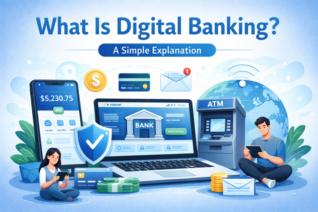 Illustration showing what digital banking is, with smartphone apps, a laptop bank dashboard, ATM, and secure money symbols like cards, bills, and notifications.