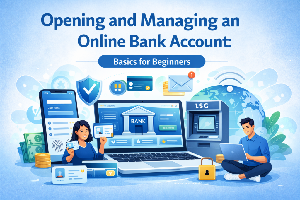 Illustration showing the process of opening and managing an online bank account, with ID verification, mobile banking, digital tools, and secure access symbols.