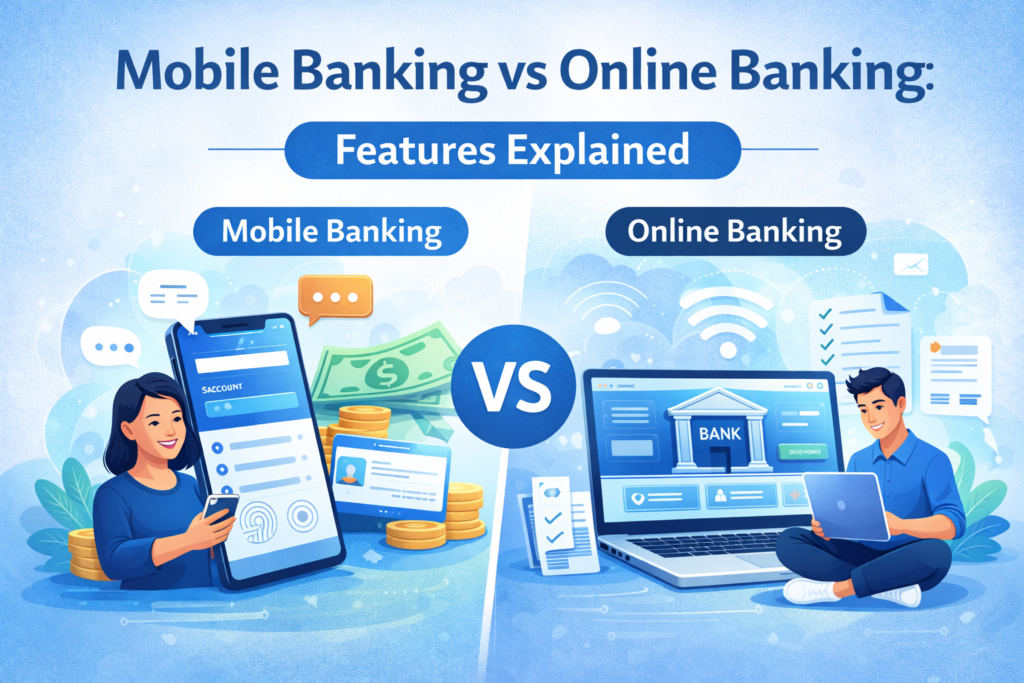 Split-screen illustration showing mobile banking vs online banking: a woman using a smartphone app on one side and a man using a laptop on the other, with icons representing financial features and digital access.