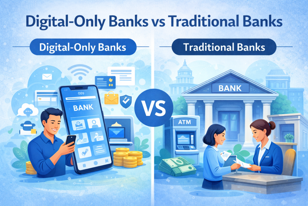 Split-screen image showing digital-only banks vs traditional banks: a man using a mobile banking app on one side, and a teller assisting a customer at a branch on the other.