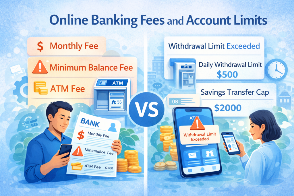Illustration showing online banking fees and account limits: icons for monthly fees, minimum balance requirements, ATM charges, and withdrawal limits alongside people using mobile banking.