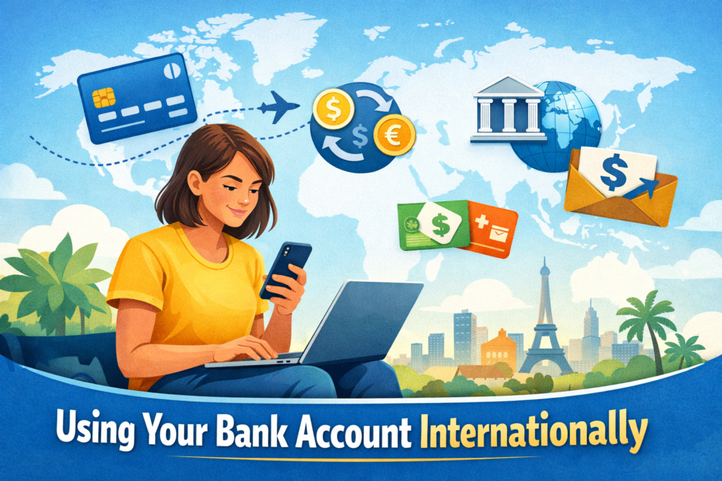 Person using a smartphone for online banking with world map in the background and icons representing currency conversion, international transfers, and debit cards.