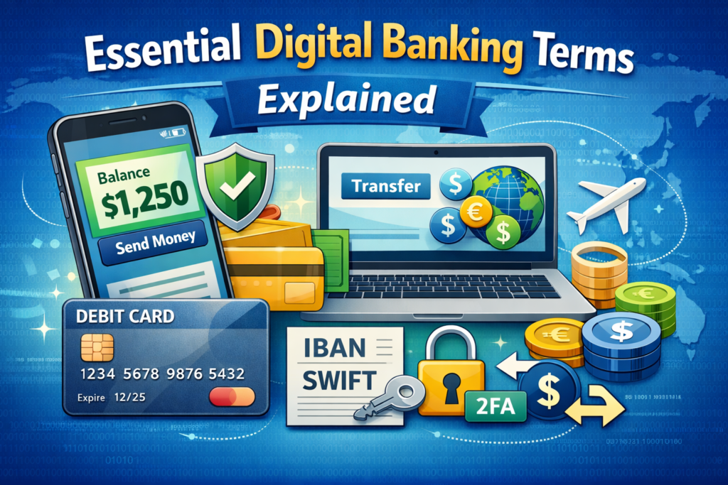 A digital illustration showing essential digital banking terms like debit card, 2FA, IBAN, SWIFT, and mobile banking with icons of a smartphone, laptop, currency symbols, and a globe — representing modern banking concepts in a beginner-friendly visual.