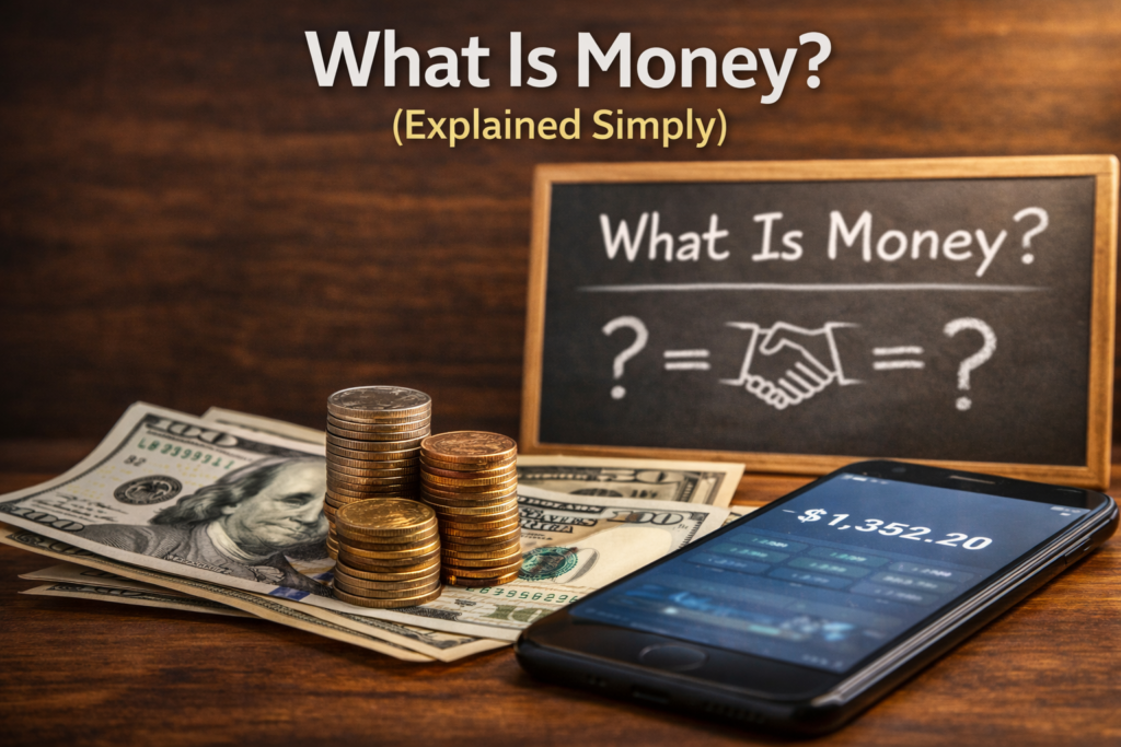 Cash, coins, and a smartphone showing a digital balance placed on a table to explain what money is and why people trust it.