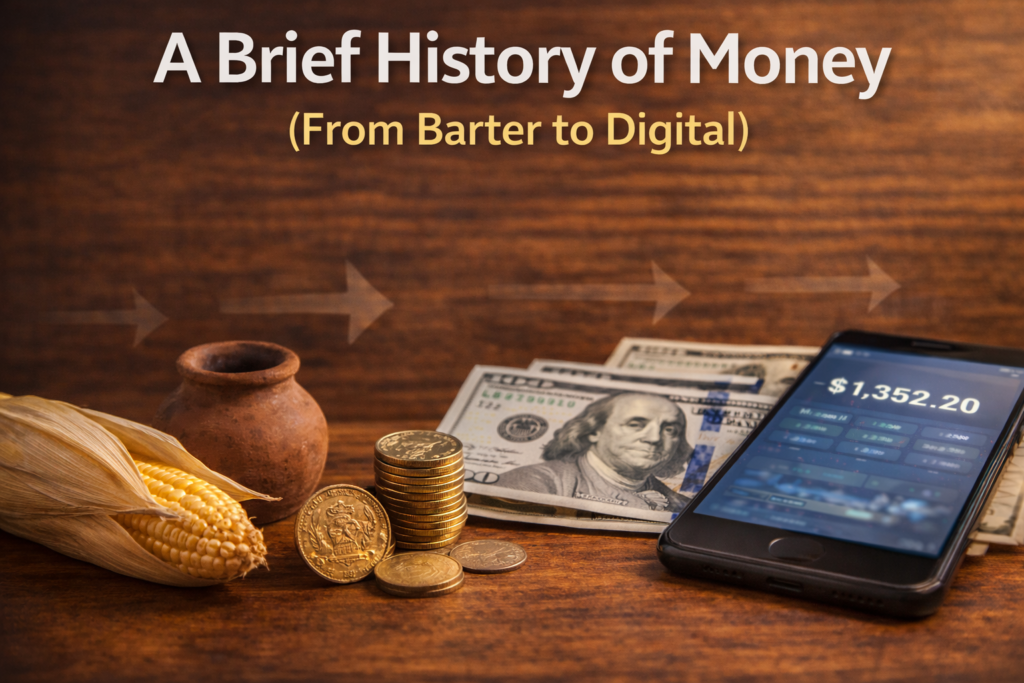 Objects showing the history of money, including barter goods, gold coins, paper currency, and a smartphone displaying digital money.