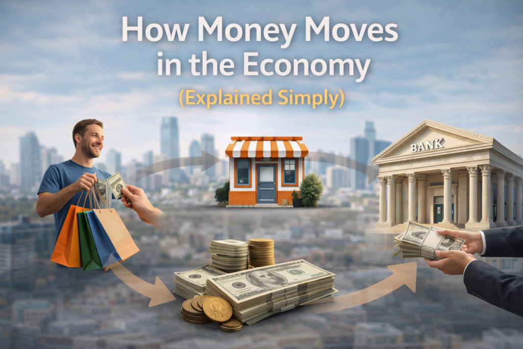 Illustration showing how money moves in the economy, with money flowing between a person, a business, and a bank in a continuous loop.