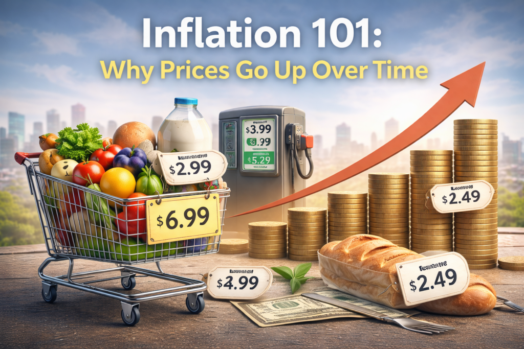 Shopping cart with groceries, rising price tags, stacked coins, and an upward arrow illustrating inflation and why prices go up over time.