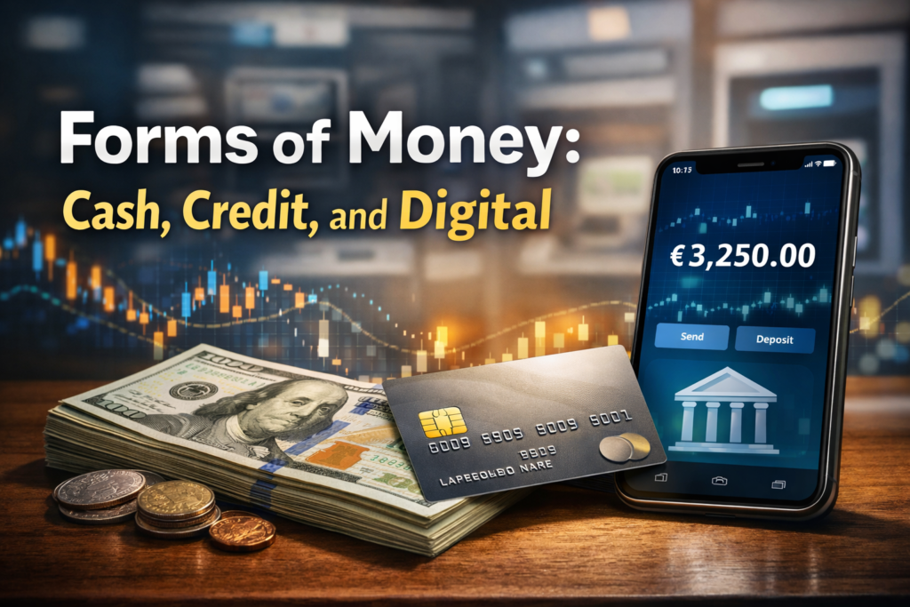Cash banknotes and coins, a credit card, and a smartphone displaying a digital balance, illustrating different forms of money.