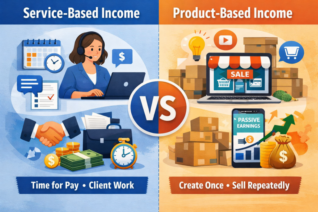 Illustration comparing service-based income and product-based income online, with icons for time-based freelance work and scalable product sales