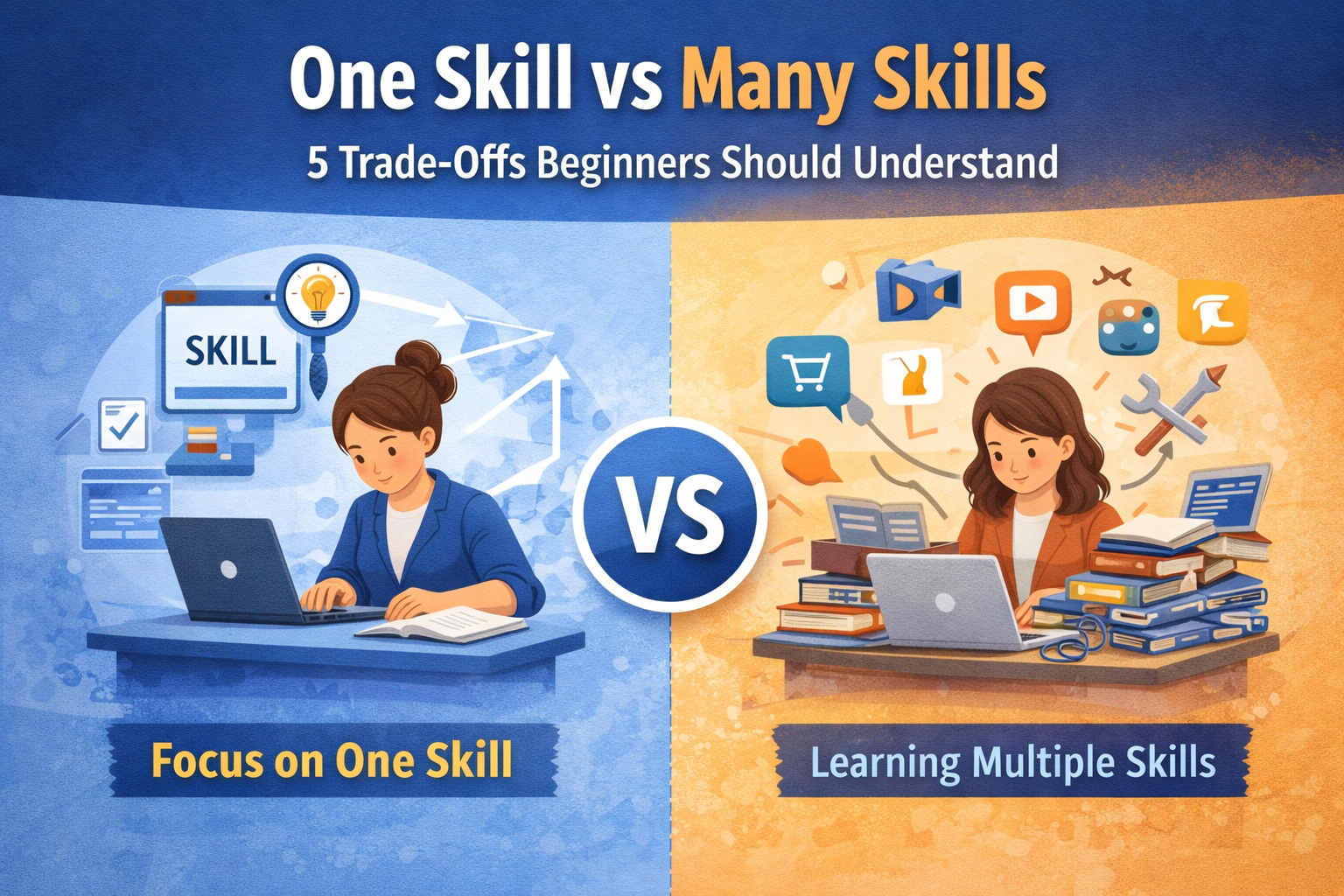 Illustration comparing one-skill focus versus learning multiple skills for beginners in online income paths