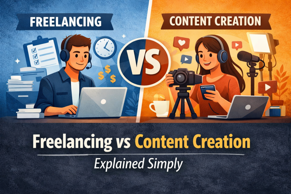 Illustration showing the difference between freelancing and content creation, with one side representing client-based work and the other content-driven growth