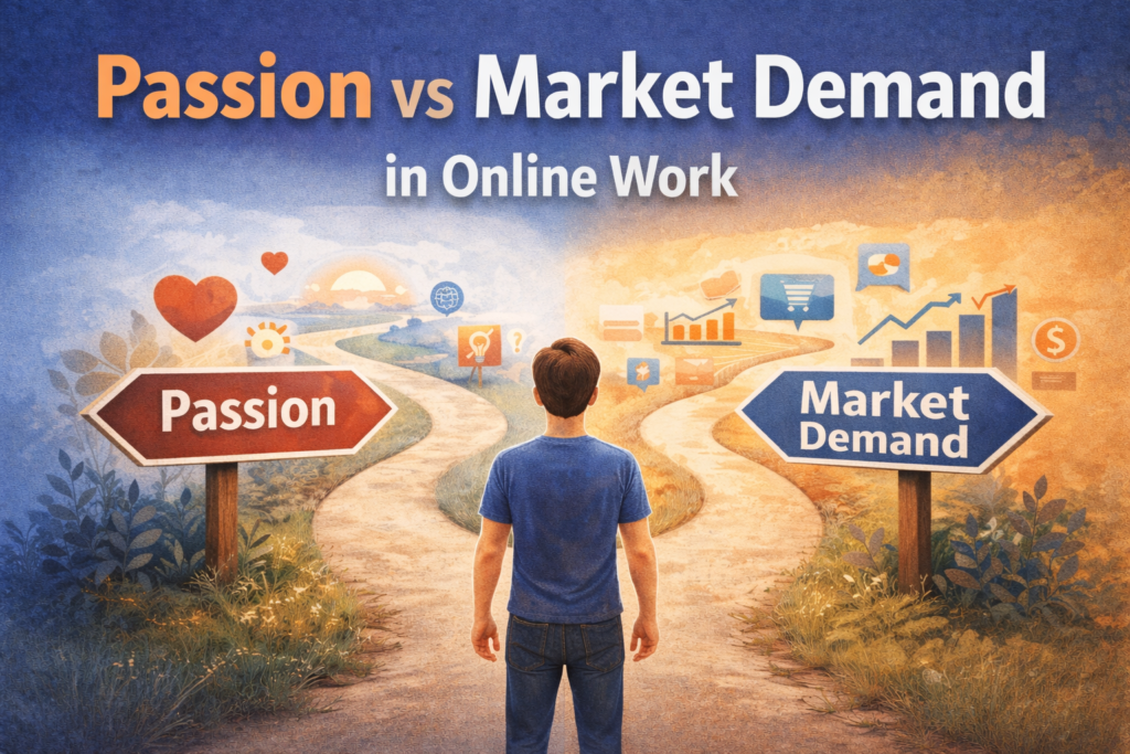 A realistic image of a person walking toward a split road, with two paths labeled “Passion vs Market Demand” under a clear sky — symbolizing the internal conflict many beginners face when choosing their online income path.