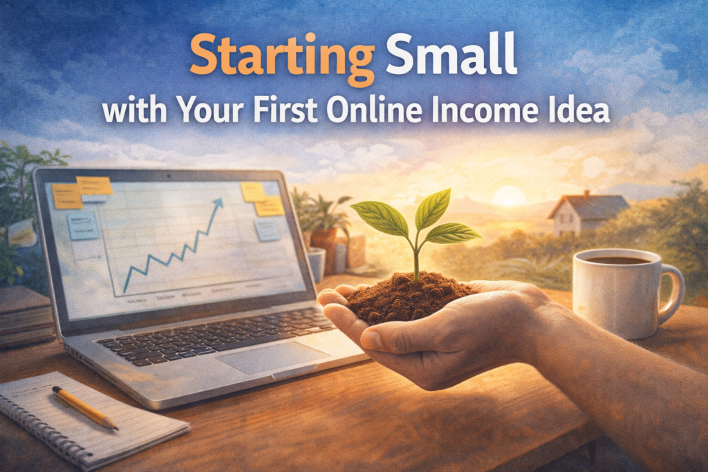 A realistic digital illustration representing the idea of “Starting Small” in online income — showing a person planting a small seed with digital icons growing beside it, symbolizing the early stages of online earning.