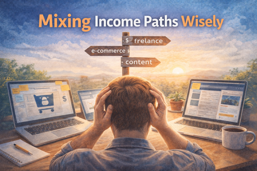 A realistic digital illustration showing a person facing multiple diverging online paths with signs labeled "Freelancing," "Blogging," "Courses," and "Store," symbolizing the mental confusion of mixing online income paths.