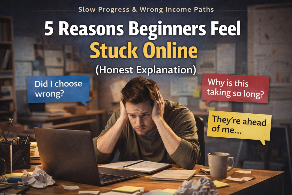 Young freelancer looking frustrated at laptop while reflecting on slow progress online income and choosing the wrong income path