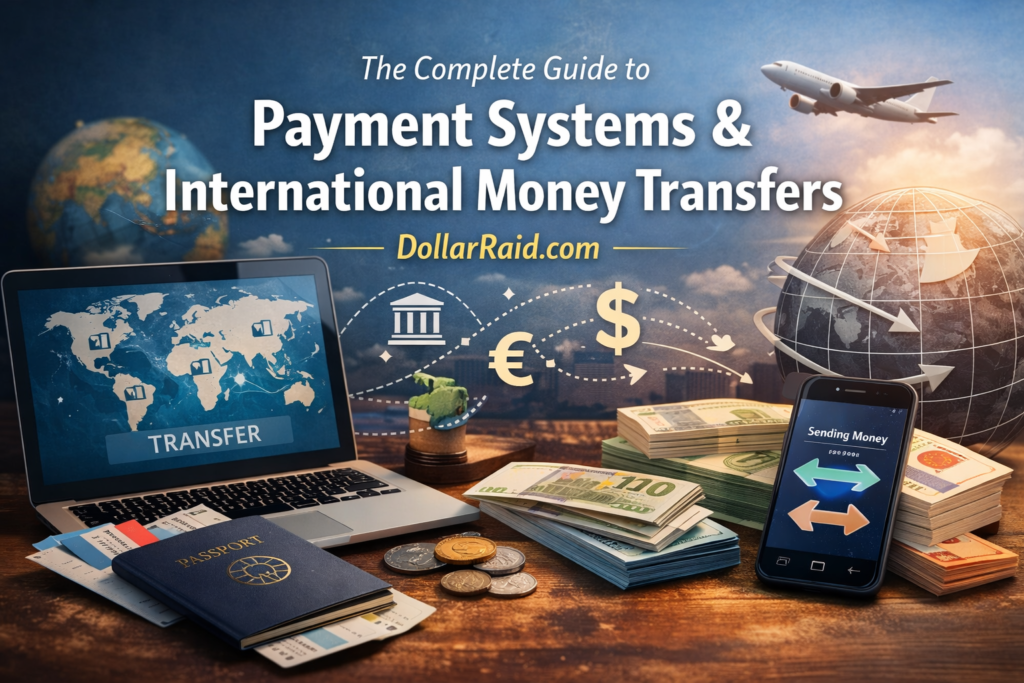 Illustration of payment systems and international money transfers showing a laptop with world map transfer screen, smartphone sending money, dollar and euro symbols, passport, and global banking icons.