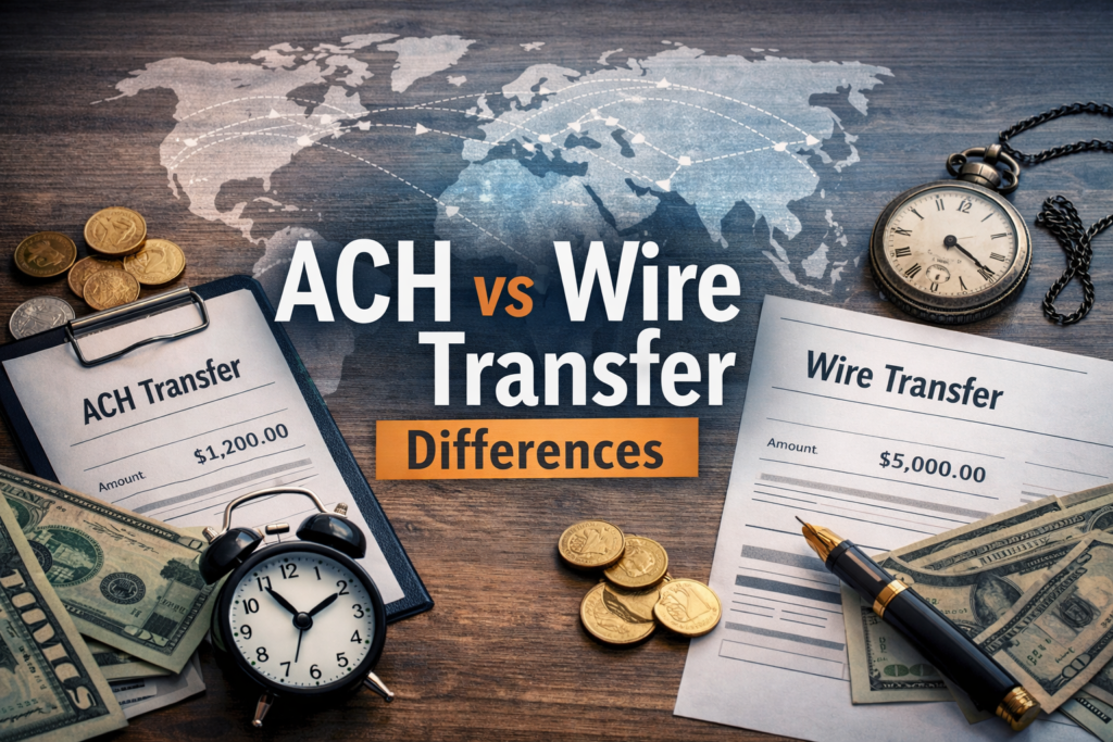 ACH vs Wire transfer differences illustrated with two transfer forms showing $1,200 ACH payment and $5,000 wire transfer, world map background, dollar bills, coins, and timing elements.
