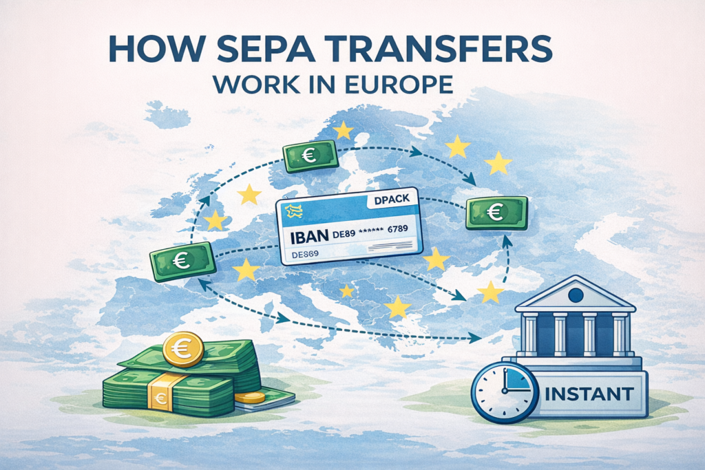 SEPA transfers explained with a digital map of Europe, euro symbols connecting countries, IBAN details, and bank-to-bank payment flow illustration.