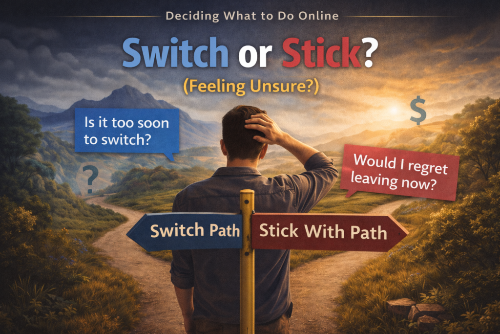 Man standing at a crossroads deciding whether to switch or stick online income path while feeling uncertain about his progress