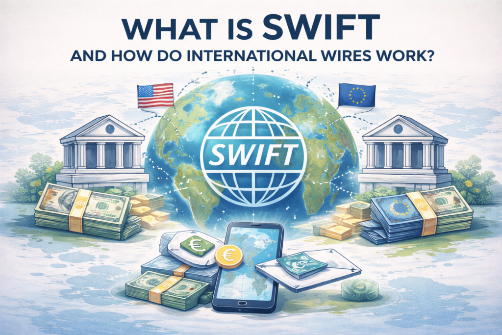 SWIFT international wire transfers illustration with global map, bank buildings in the US and Europe, currency stacks, smartphone payment screen, and connected SWIFT messaging network.