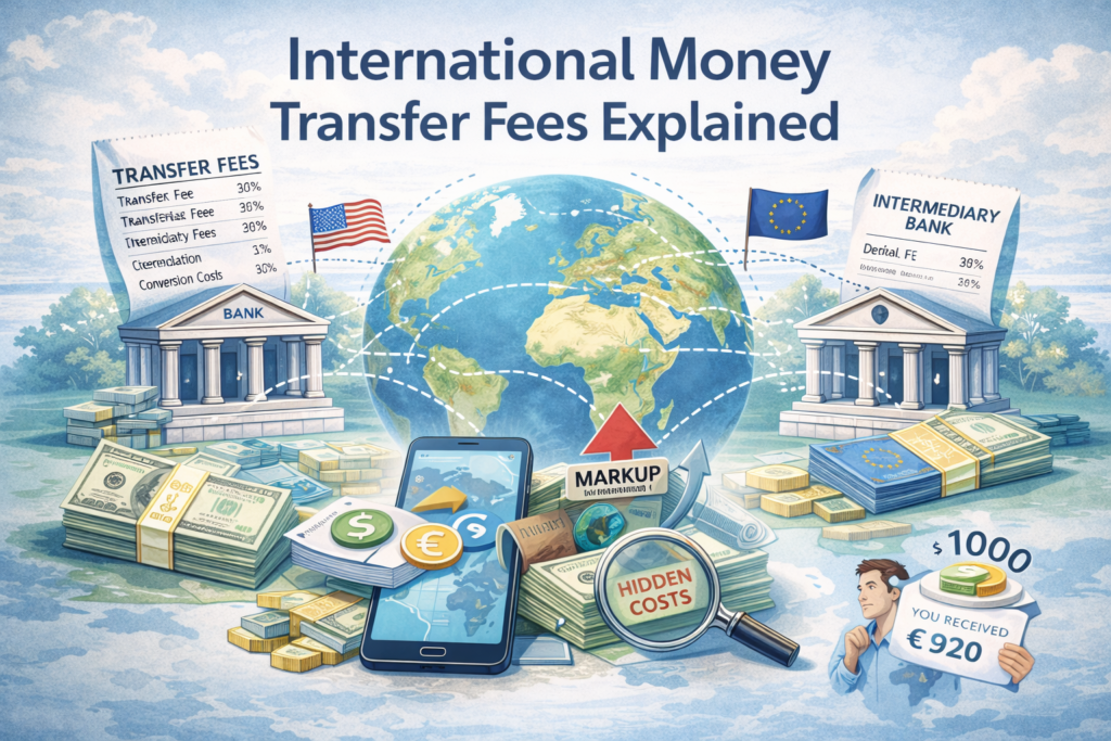 International money transfer fees infographic showing global banks, intermediary bank deductions, exchange rate markup arrow, hidden costs magnifier, and reduced amount received after currency conversion.