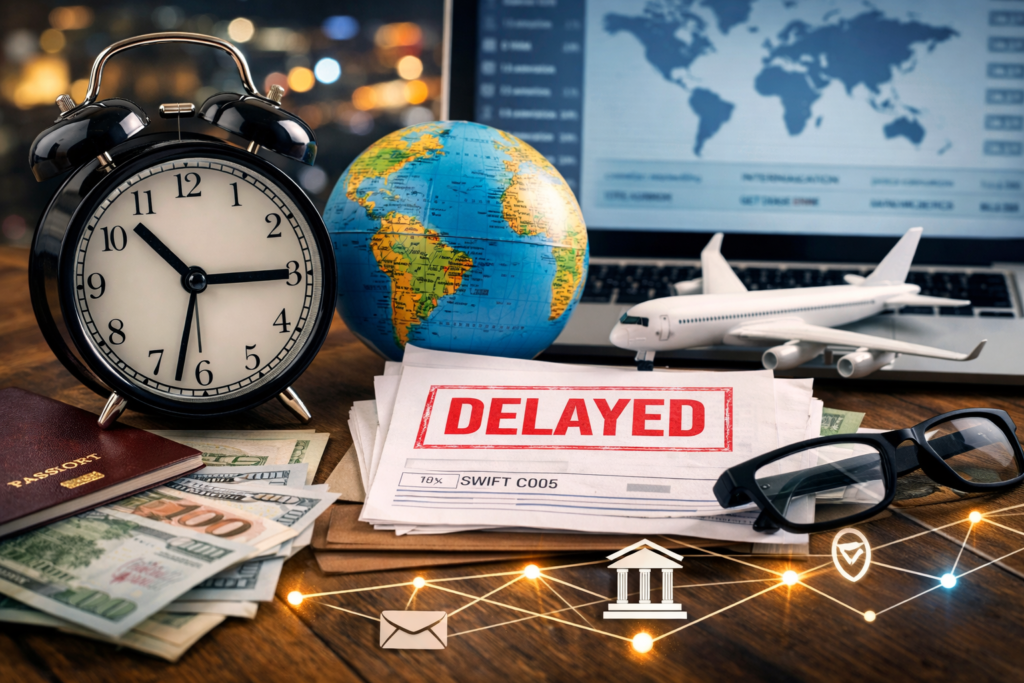 International transfer delays concept image showing stamped “Delayed” document, globe, passport, clock, cash, airplane model, and laptop with world map representing cross-border payment processing time.