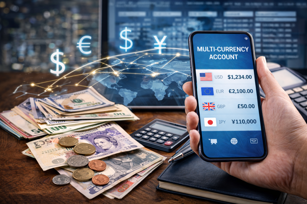 Manage multiple currencies in one account concept image showing a smartphone displaying USD, EUR, GBP, and JPY balances, surrounded by international banknotes, coins, calculator, and a world map background.