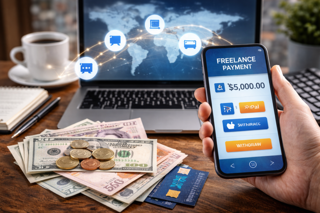 International payments for freelancers concept image showing a smartphone with freelance payout balance, US dollars and euros on a desk, credit cards, and a laptop displaying a world map with global payment icons.