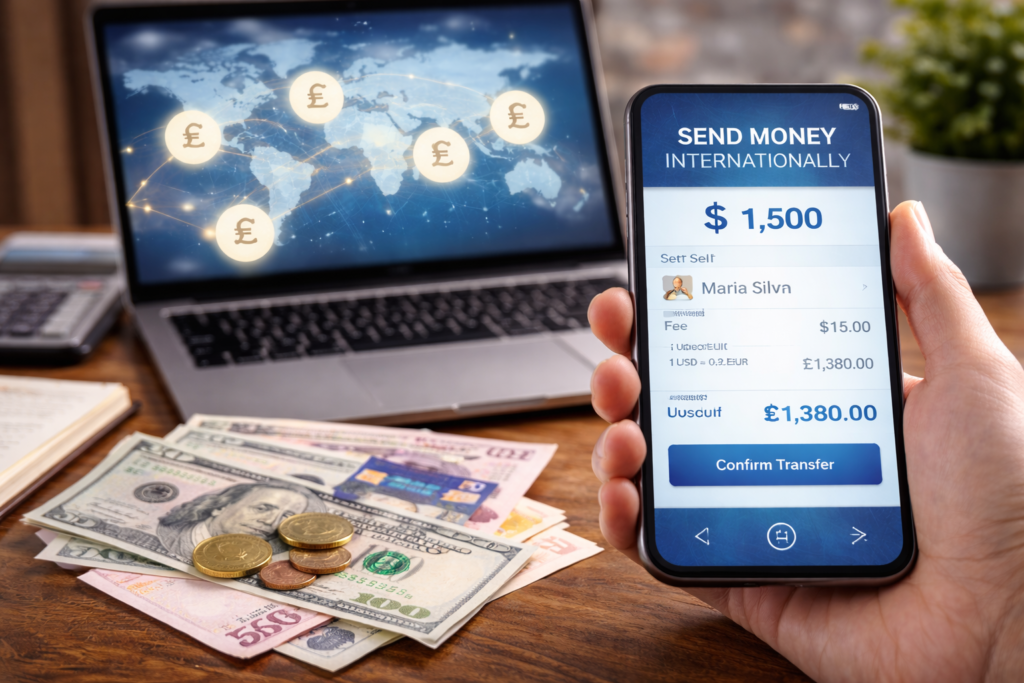 Send money internationally concept image showing a smartphone with international transfer confirmation screen, US dollars and euros on desk, laptop displaying global payment network map in background.