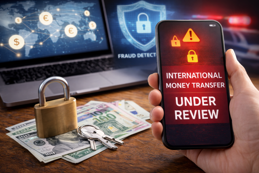 International Money Transfer Safety concept image showing smartphone with transfer under review alert, padlock on cash, laptop displaying fraud detection shield and global currency symbols.