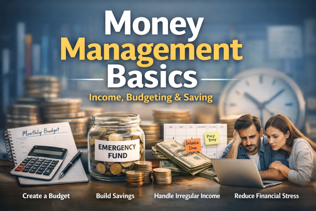 Realistic financial planning poster illustrating money management basics with income tracking, budgeting notes, emergency fund jar, and irregular income calendar.