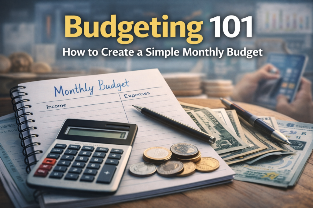 Simple monthly budget layout with notebook labeled income and expenses, calculator, pen, and dollar and euro cash on desk.