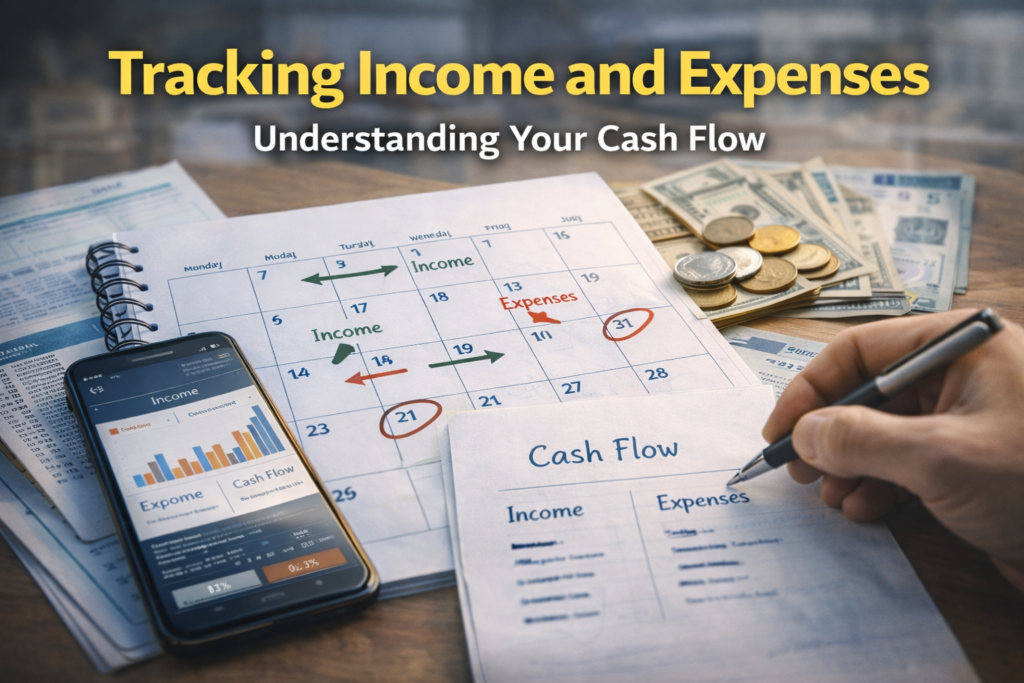 Cash flow tracking setup with calendar marking income and expenses, smartphone banking app, bank statements, and handwritten cash flow worksheet on desk.