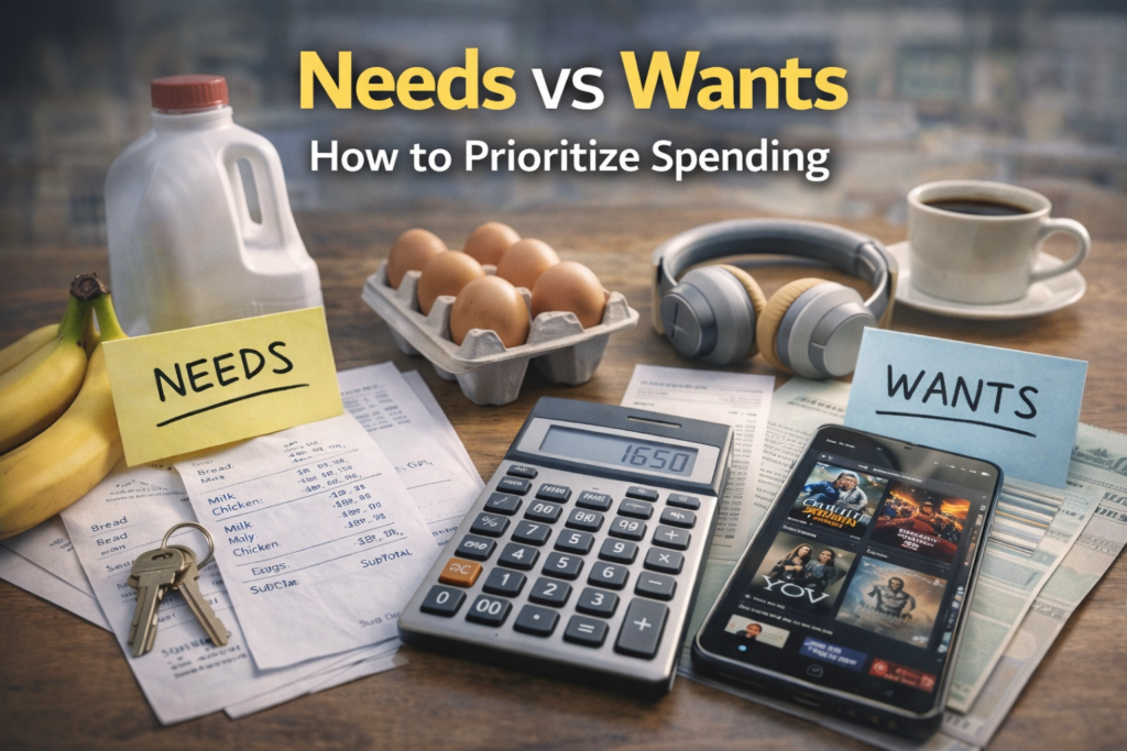 Needs vs wants comparison with grocery items, household bills, calculator, smartphone, and headphones arranged to show spending priorities.