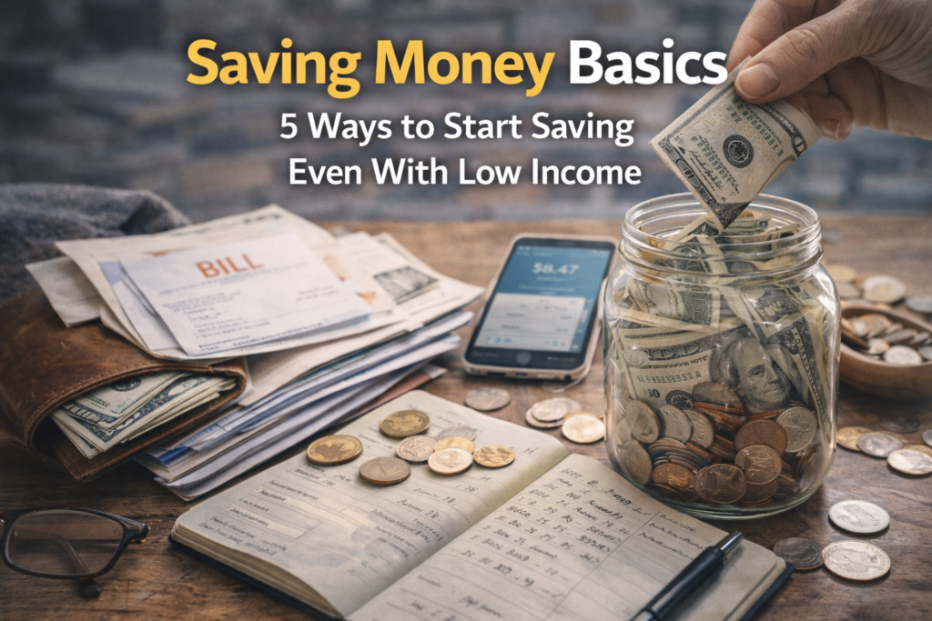 Saving money basics concept with jar of cash, dollar bills, coins, unpaid bills, and notebook showing monthly savings tracking.