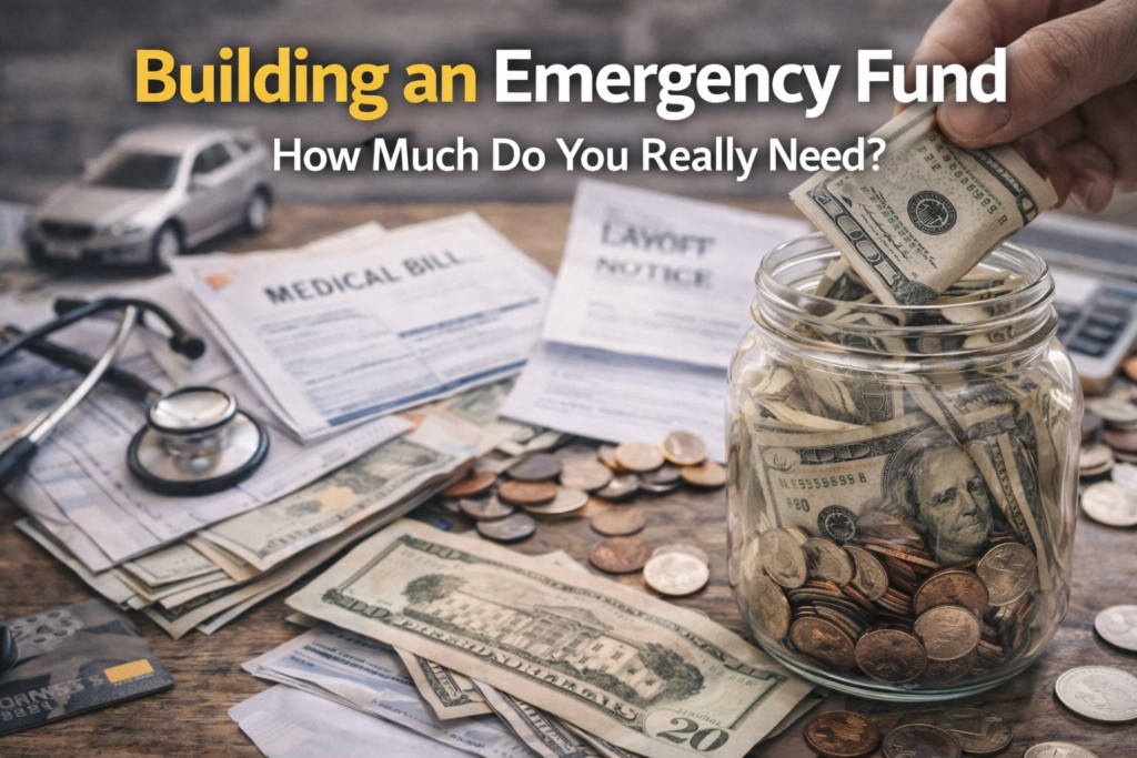 Emergency fund jar filled with cash and coins placed beside medical bills, repair documents, and layoff notice representing unexpected expenses.