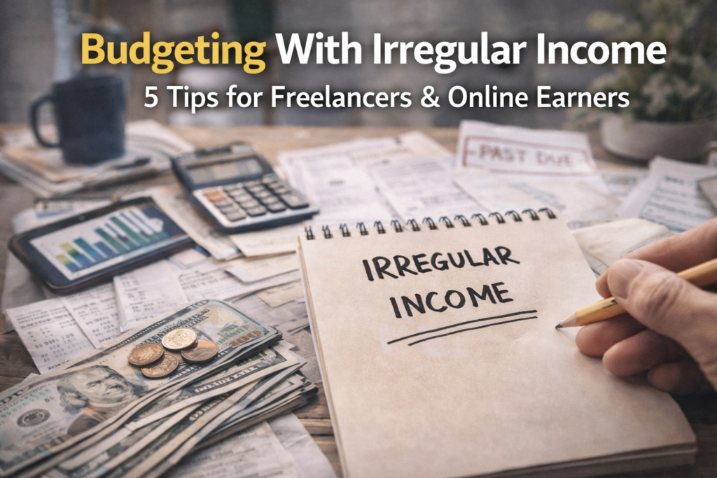 Irregular income budgeting setup with notebook labeled irregular income, dollar bills, coins, calculator, smartphone, and unpaid bills on desk.