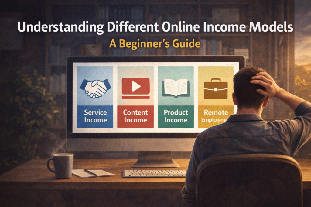 Man reviewing different online income models on a computer screen, including service income, content income, product income, and remote employment