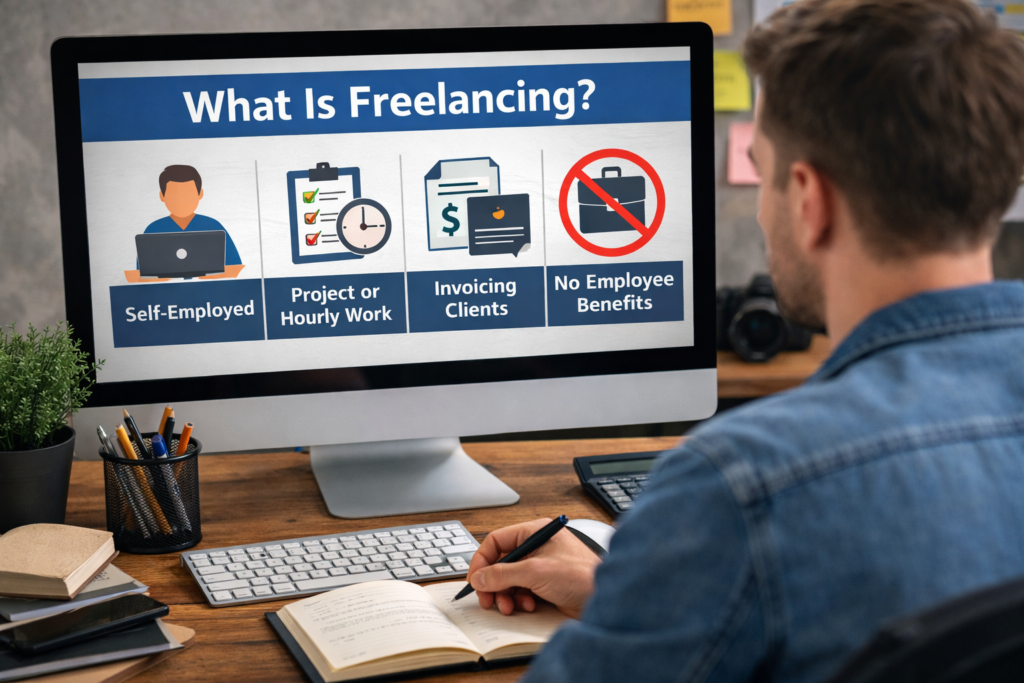 Man working at a desk reviewing a screen that explains what is freelancing, including self-employment, invoicing clients, and project-based work