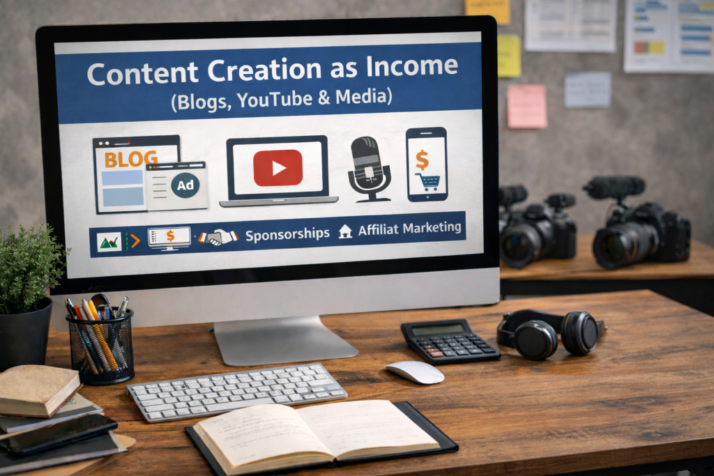 Desktop setup showing a screen explaining Content Creation Income through blogs, YouTube, ads, sponsorships, and affiliate marketing