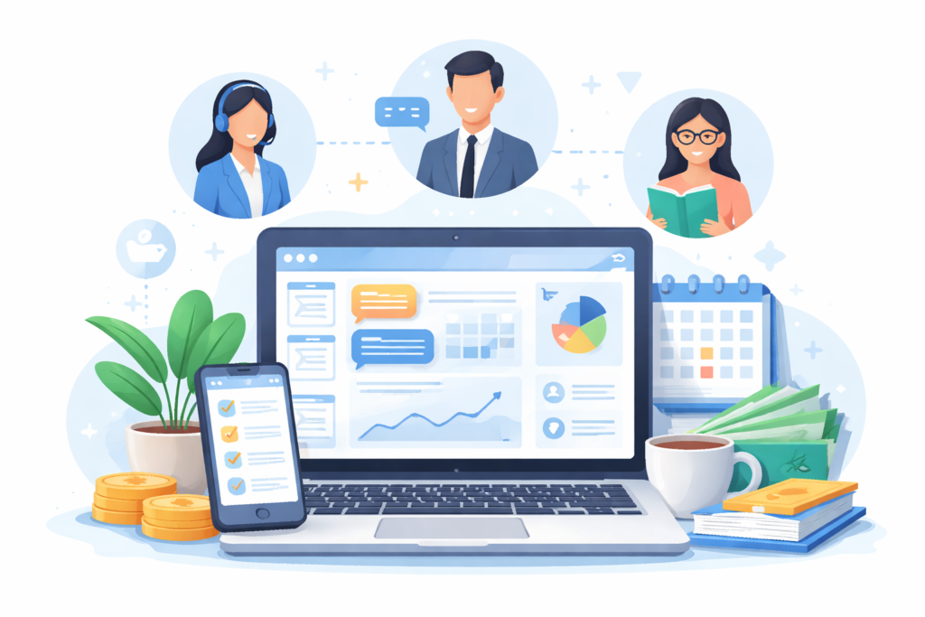 Illustration of online service income showing virtual assistance, consulting, and tutoring services connected through a laptop dashboard and recurring payment icons