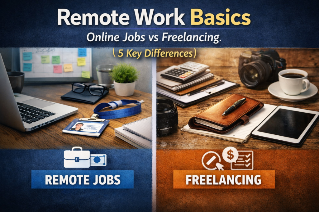 Realistic split-screen featured image illustrating Remote Work Basics, comparing remote jobs with freelancing desks, tools, and payment structures.
