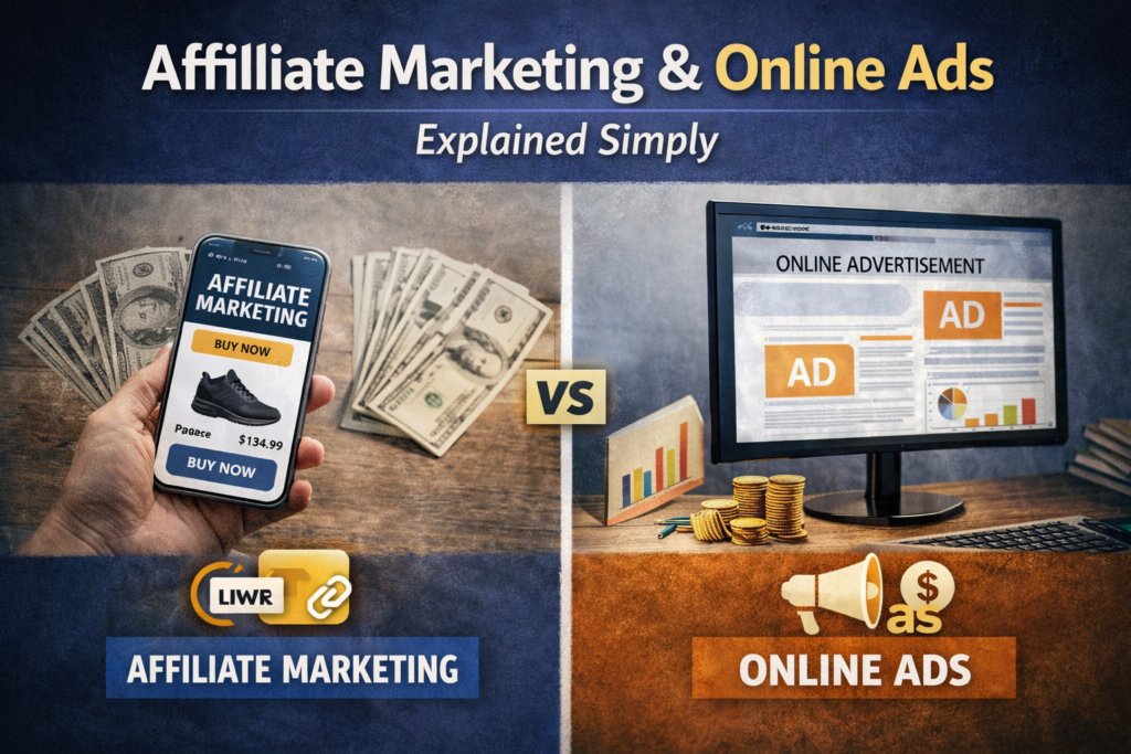 Split-screen featured image illustrating Affiliate Marketing and online ads income models, showing tracked affiliate links, commissions, ad impressions, and traffic-based earnings.