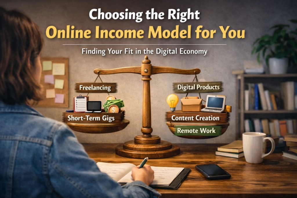 Illustration of a person reviewing options for an online income model, balancing freelancing, digital products, content creation, remote work, and short-term gigs in a home office setting.