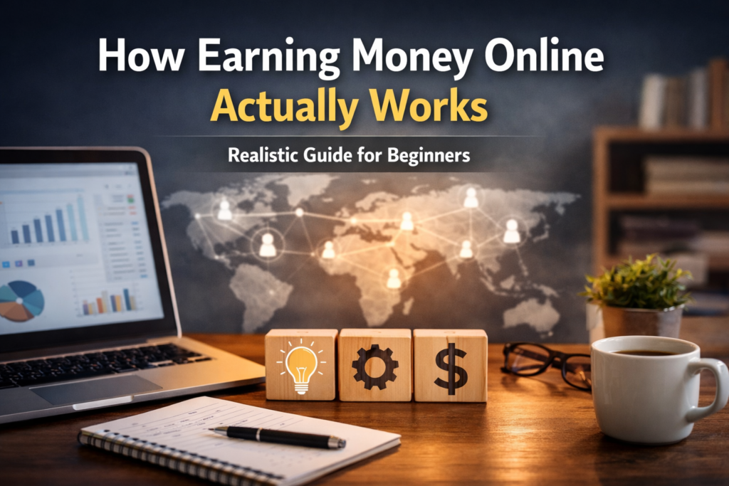 Realistic workspace showing how earning money online actually works through skills and digital work.