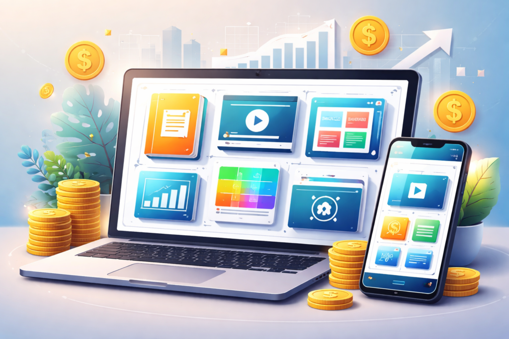 Laptop and smartphone screen displaying digital product income icons such as e‑books, online courses, software templates and printables, with coins and charts to show revenue, no people in view